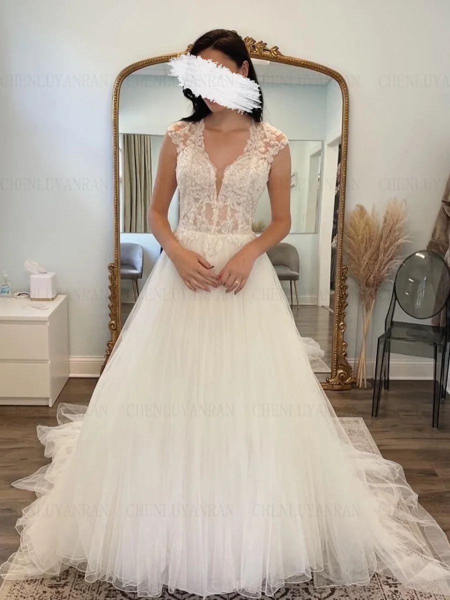 

Tulle Chic Wedding Dresses Backless Luxury V-neck Long Bride Gowns A-Line Applique Sexy Dress For Women 2025 Robe De Mariée