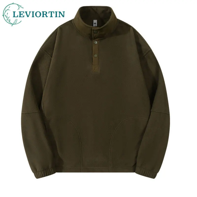 Men's and women's autumn and winter fashion versatile fleece thick button semi open collar fleece stand up collar sweatshirt