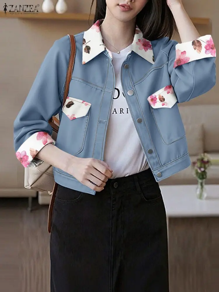 

ZANZEA 2025 Autumn Denim Blue Coats Jackets Women Outwears Stylish ong Sleeve Floral Patchwork Jackets Casual Buttons Up Outwear