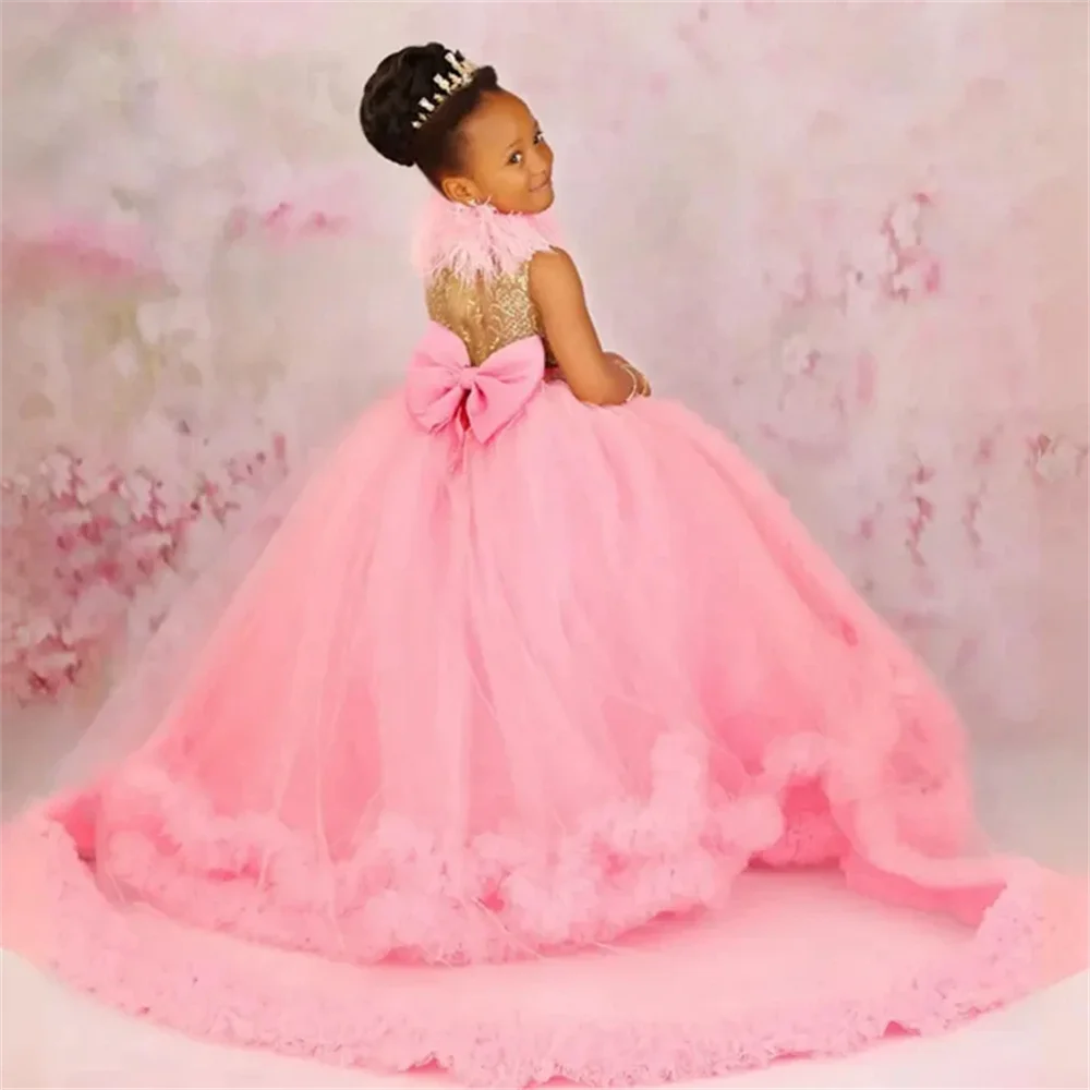 Vestidos africanos de encaje de plumas y flores de lavanda para boda, fiesta de cumpleaños, comunión, vestidos personalizados, princesa con volantes para niños