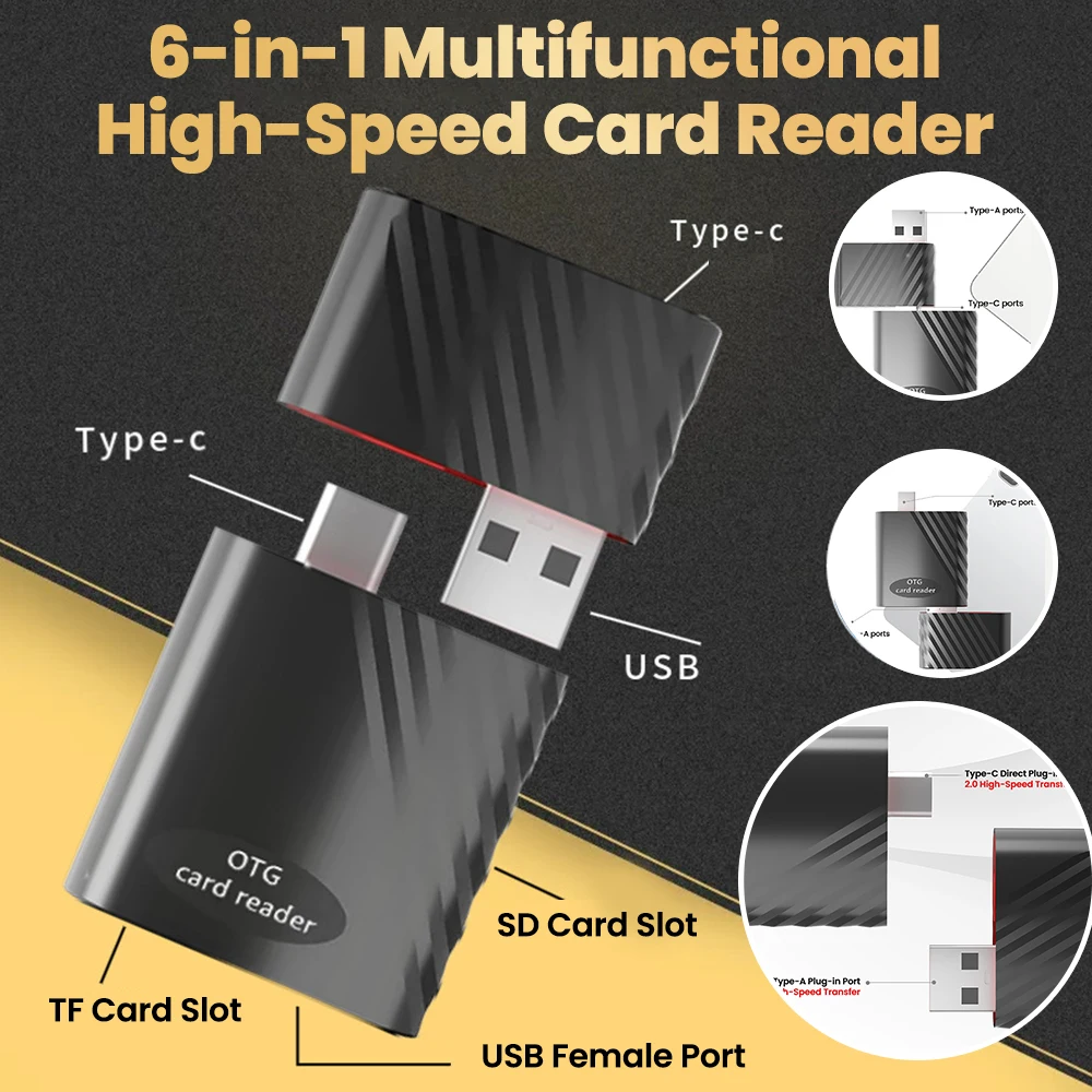 

Многофункциональное устройство чтения карт памяти 6 в 1, USB C и USB2.0 к SD Micro SD TF, высокоскоростное устройство чтения карт памяти для ПК, ноутбуков, аксессуаров