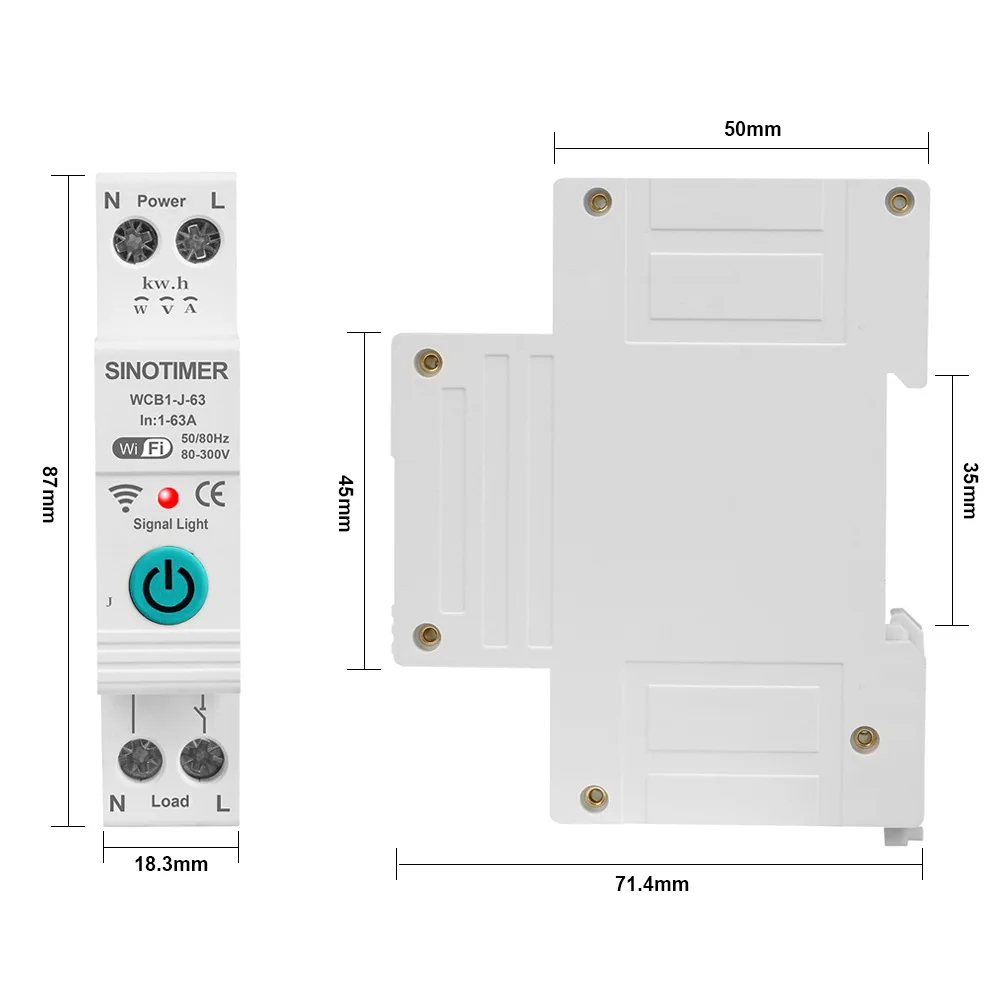 Smart Circuit Breaker Tuya 80-300V 63A WiFi Remote Mobile Phone Control Single Phase Circuit Breakers Switch Metering Timer