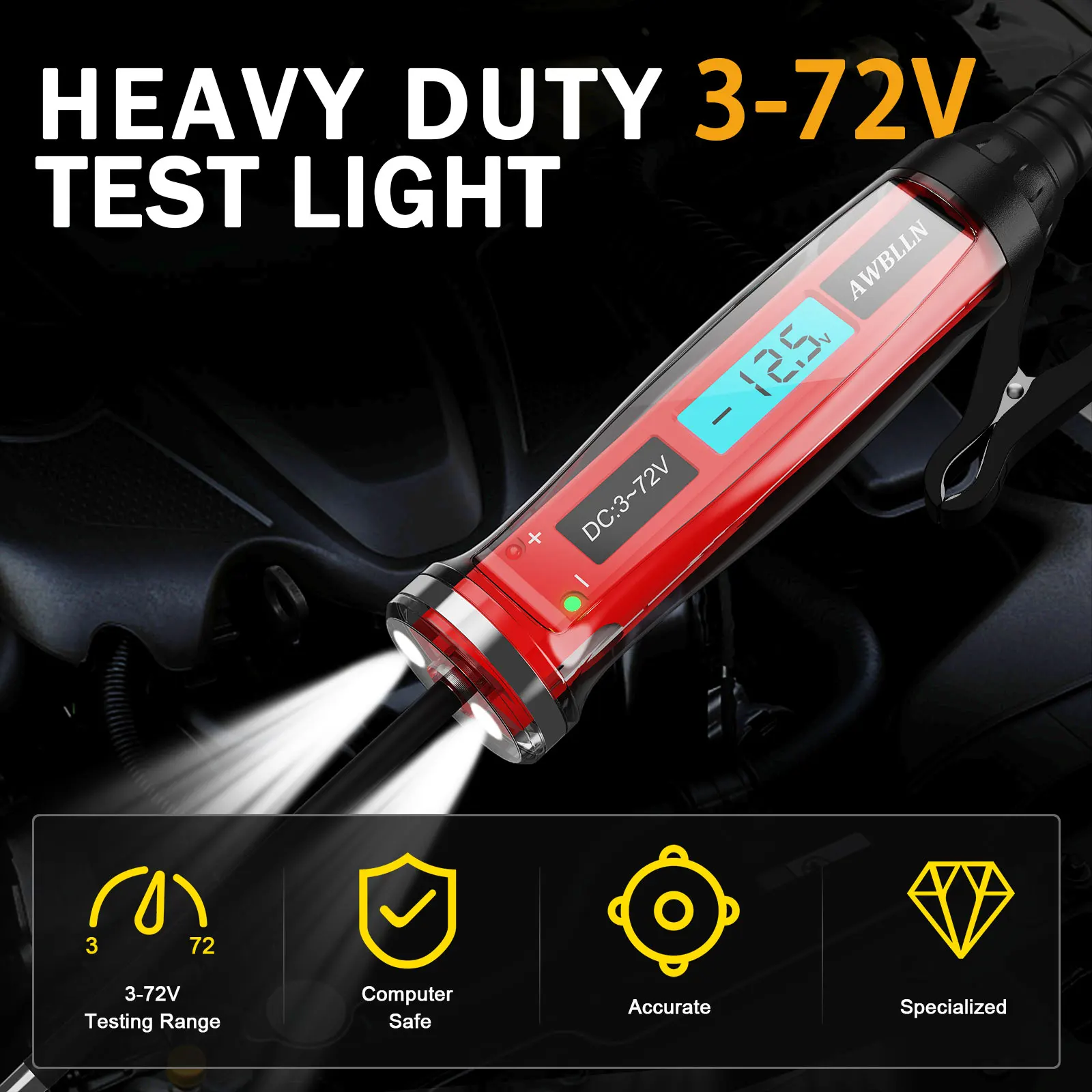 AWBLIN 3-72V DC Automotive Test Light, LCD Digital Light Tester with Voltmeter, Heavy Duty Circuit Tester with Polarity Indicate