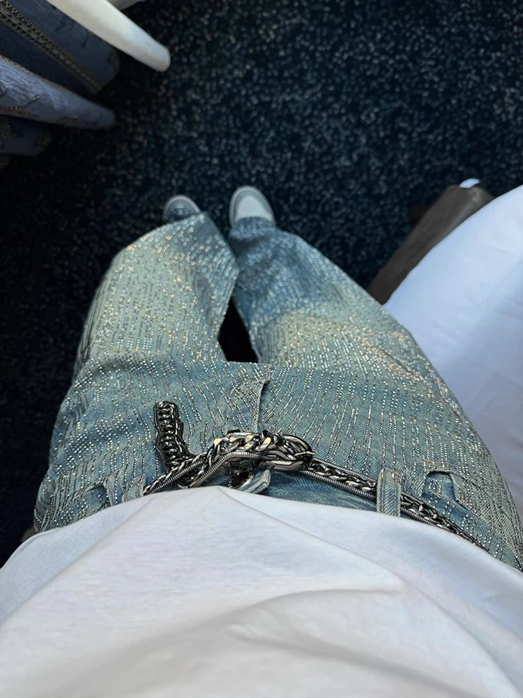 ผู้หญิง Starry Sky Sparkling Design Vintage Blue Denim กางเกงยีนส์สาวกางเกงสบายๆกางเกงหญิงสูงเอวกว้างขากางเกง