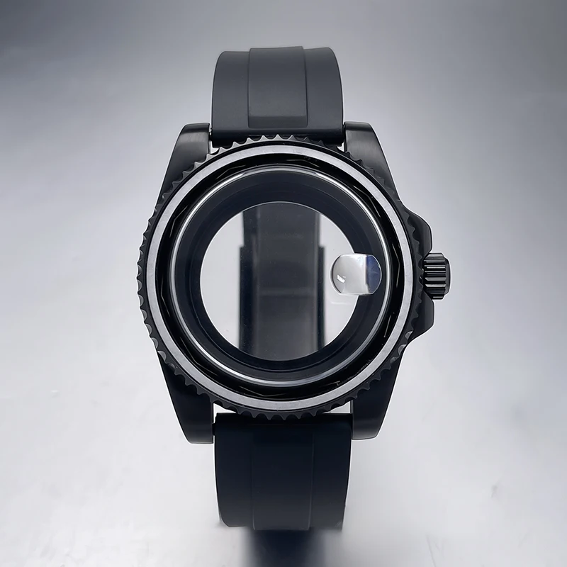 40mm NH35 Watch Case All Black Sub Style Rubber Strap Sapphire Crystal Stainless Steel Nh34 Nh36 Nh35 Nh38 Movement Watch Case