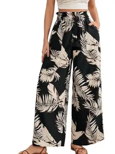 Wide Leg Pants Woman Tropical Leaf Print Casual Drawstring Wide Leg Pants for Women High Waisted Loose Pockets Wide Leg Pants
