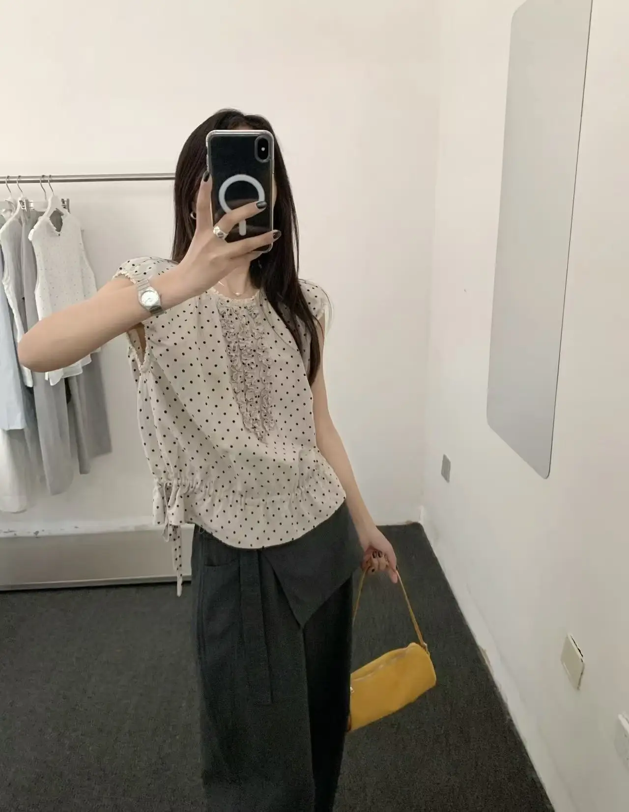

Lilian Milu Room Retro Linen Fashion Polka Dot Slimming Elegant Shirt Short Sleeve round Neck Commute Style Skin-friendly Bre...