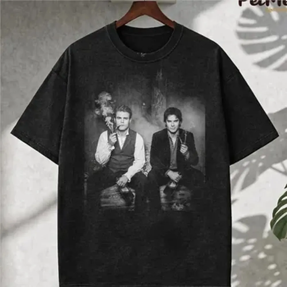 Damon Stefan Salvatore Trail Camp Oversized T shirt 100% Cotton Vintage Washed T-shirt for men women hiphop streetwear J176