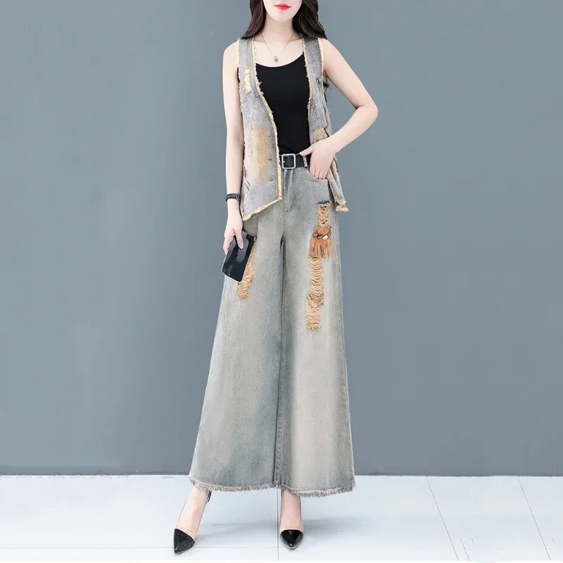 Conjuntos elegantes para mujer 2025, trajes de pantalón de 2 piezas para mujer, trajes de 2 piezas a la moda, camiseta sin mangas y trajes de pantalón de pierna ancha E5410