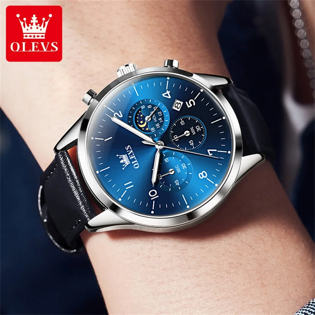 OLEVS 2882 Multifunctional Men\'s Quartz Watch Leather Strap 42mm Big Dial Moon Phase Waterproof Classic Quartz Watch for Men