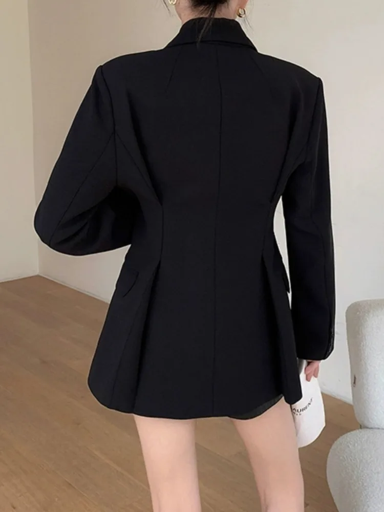 [LANMREM] Pleasted Gathered Black Blazers For Women Single Button Office Lady Jackets Fashion Coats 2024 Spring New 26D8981