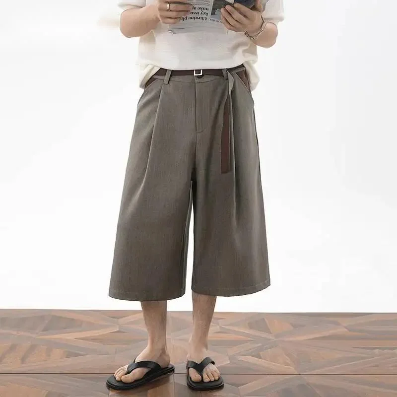 Retro Men's Wide Leg Shorts Pleated Culottes Color Block Waist Loose Casual Streetwear Straight Knee Length Pants 9XJBH7