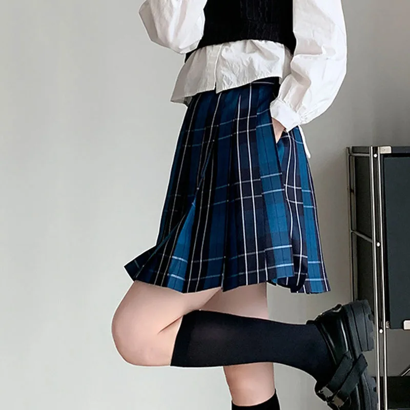 Harajuku Preppy Style Jk Skirts Women Vintage High Waist Pocket A-Line Pleated Skirt Sweet Cute School Students Blue Plaid Skirt