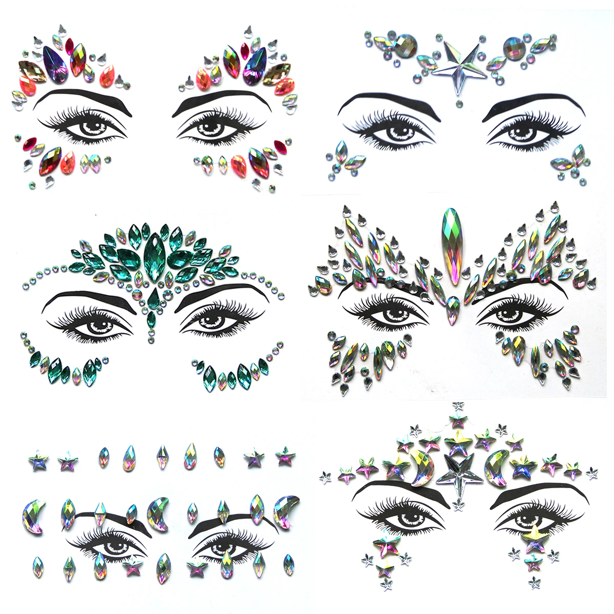 6pcs/Set Bling Face Jewels Rhinestone Face Gems Stick on Halloween Cosplay Party Festival Crystals Temporary Tattoos