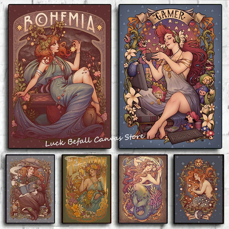 Vintage Art Nouveau Allegory Gamer Bohemia Canvas Art Poster and Wall Art Print Painting Modern Family Bedroom Home Decoration