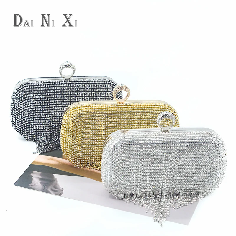 Luxury Women Diamond Tassel Tote Silver Rhinestone Evening Wedding Handbag Banquet Crystal Evening Dinner Clutch Bag