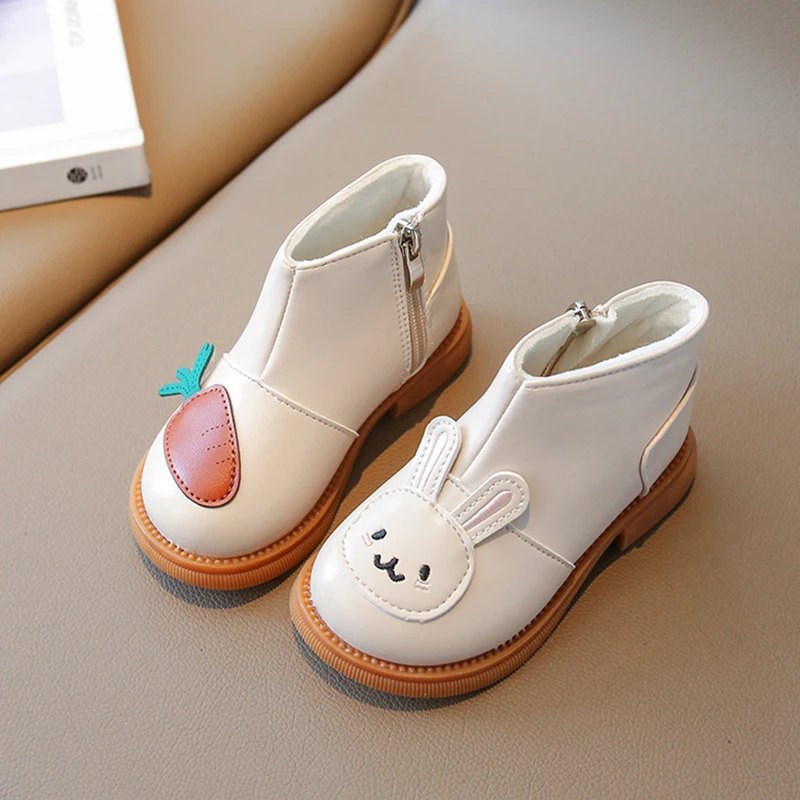 Bunny & Carrot Embroidery Leatherette Boots For Baby Girls Warm Plush Lining Rabbit Botas Toddler Child Cartoon Animal Shoes