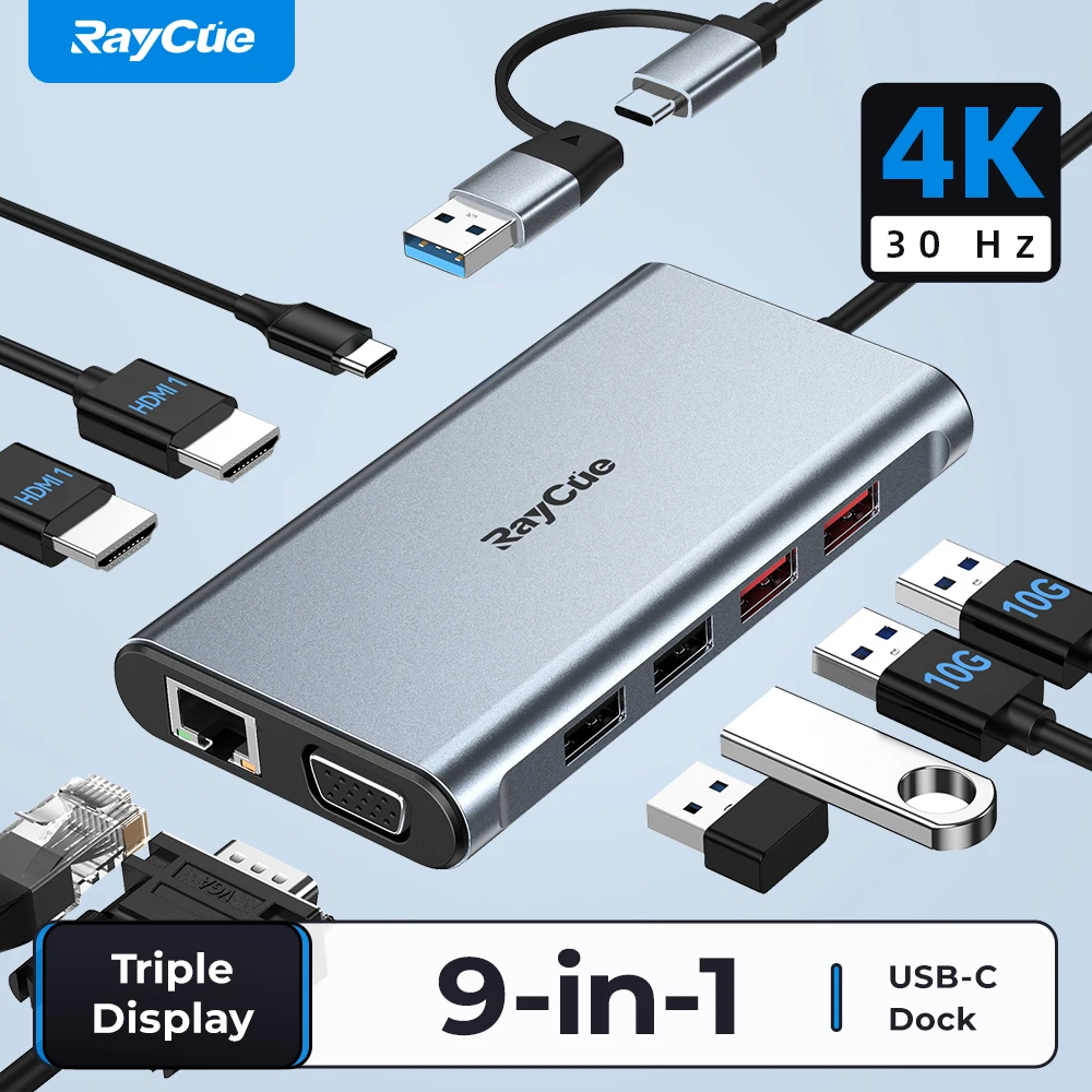 

RayCue USB-C Docking Station 4K HDMI-compatible 10Gbps USB Hub for MacBook Surface Dell Laptop Triple Monitor MST Extend Adapter