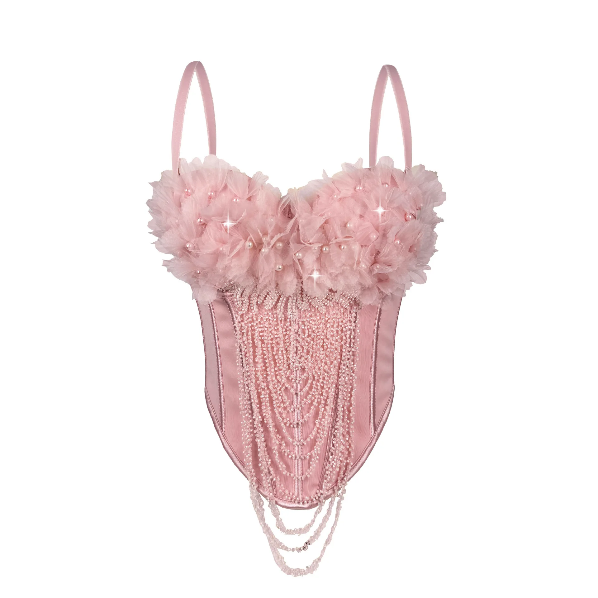 

New Handmade Flower Fringe Bustier Corset, Sexy Backless Camisole Vest with Underwire for Women, Waist Cincher Corset Top