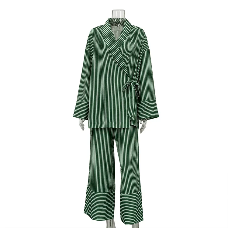 レディースカジュアルストライプ長袖トップス＆ワイドレッグパンツのツーピースセット、秋のファッショナブルなVネックロングパンツセット