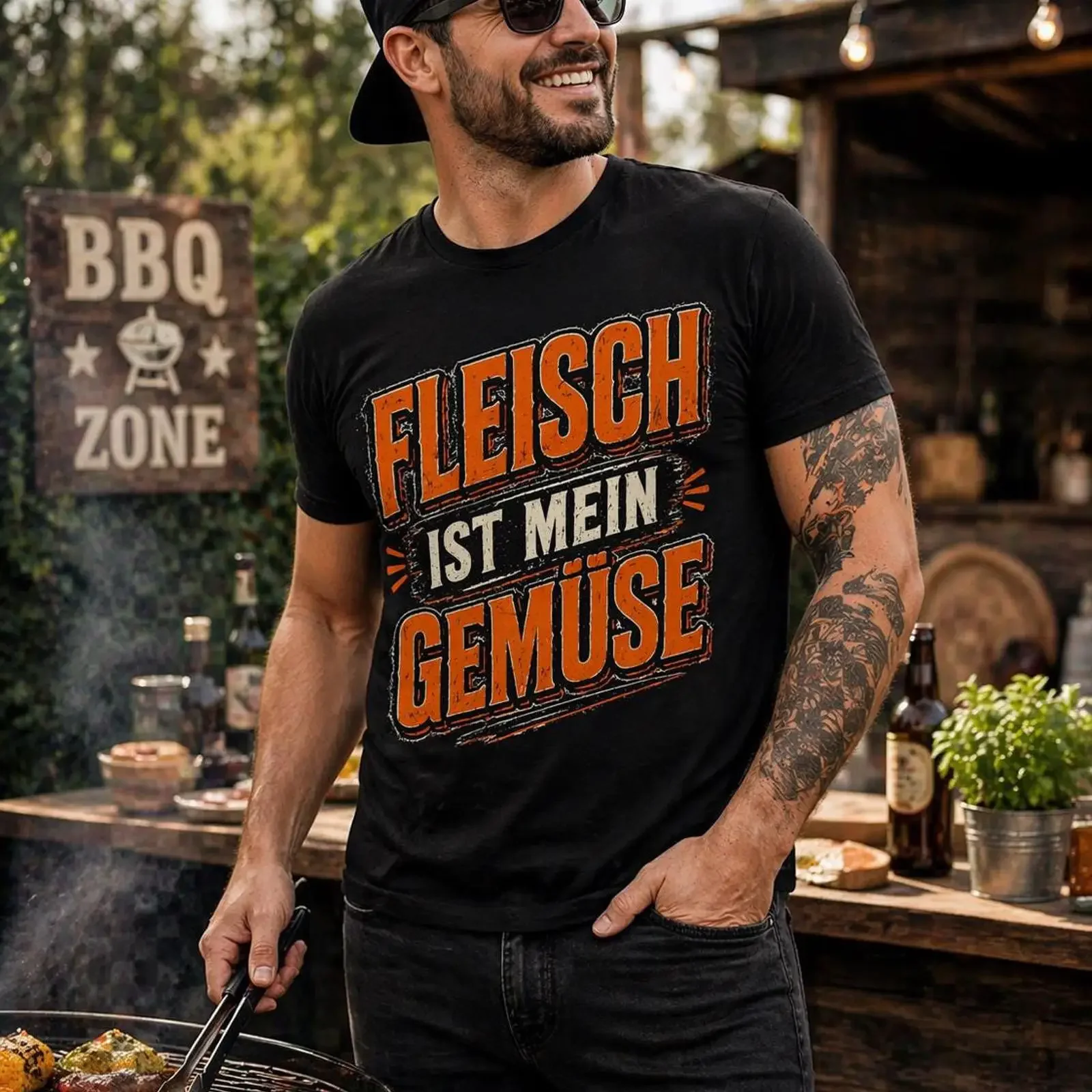 Fleisch Ist Mein Gemüse Funny BBQ T Shirt Men Grill Master Meat Lover German Saying  vintage Washed Unisex Comfortable homme