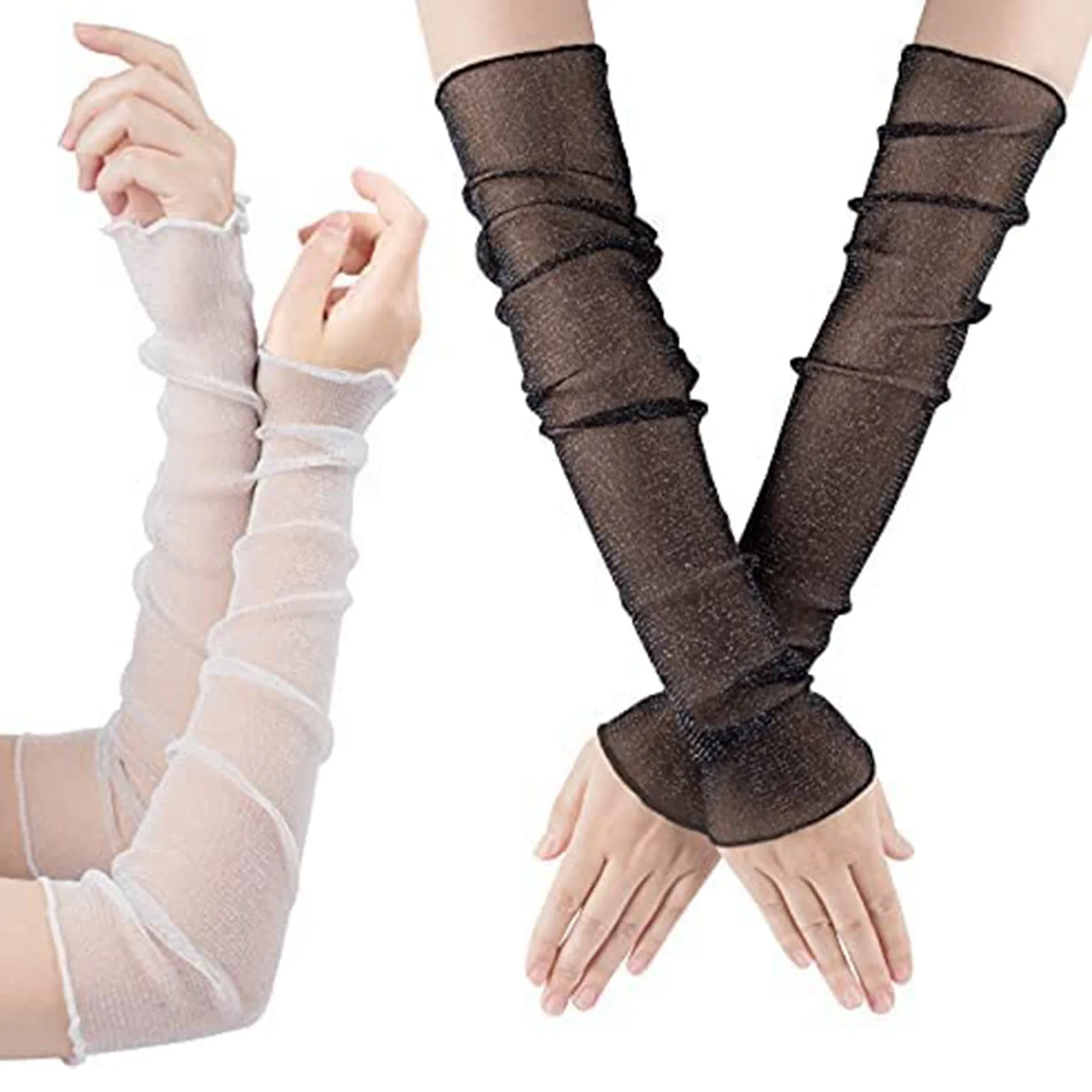 2 Pairs Women Long Lace Gloves Sun Arms Legs Sleeves Fingerless Tulle Sunscreen Accessory Black