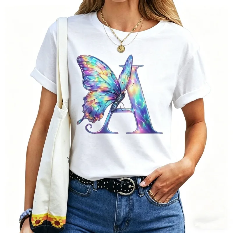 Women’s Letter A Butterfly T-Shirt Colorful Rainbow Letter 