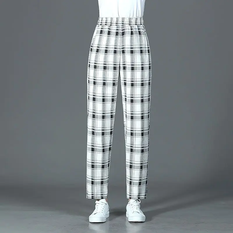 

Women's Clothing Solid Color Plaid Elastic High Waisted Pockets Straight Trouser Suits Trousers Korean Fashion Commuter Pants