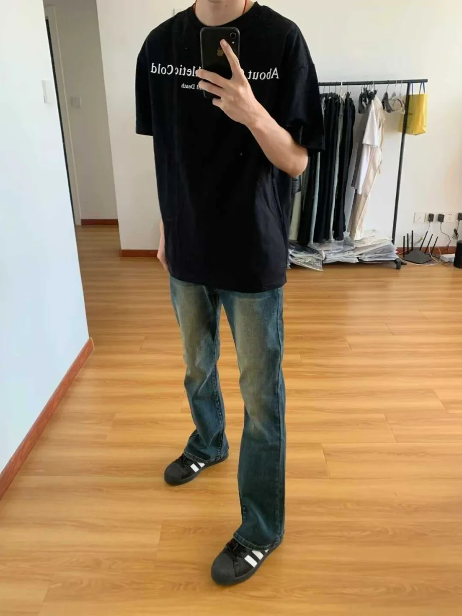 Retro American Deep Blue Herrenjeans Waed Outfall Slim Fit Elastic Micro Flared Straight Leg Casual Wear Youth Trend