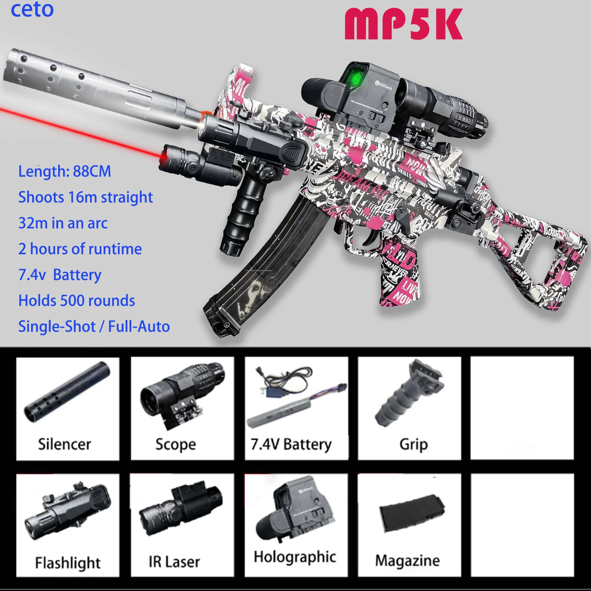 MP5K Gel Blaster Elektryczny Pistolet na Kulki Żelowe Pełny Automat Zabawka Dalekiego Zasięgu 30 Metrów do Gier Taktycznych na Zewnątrz dla Dorosłych