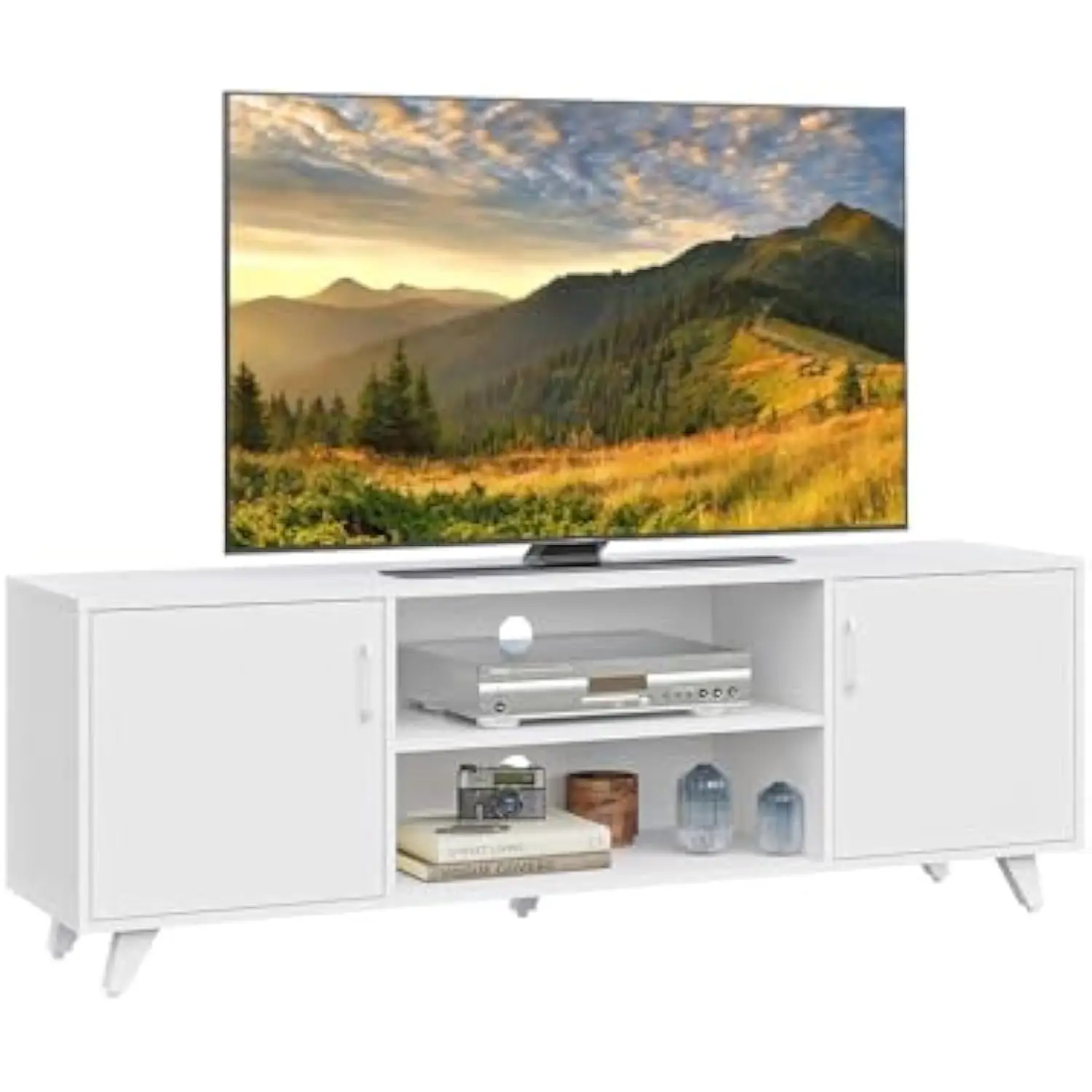 

TV Stand, Entertainment Center with 2 Doors and 2 Cubby Storages Cabinets for up to 65 inch for Living Room Bedroom (White, 53