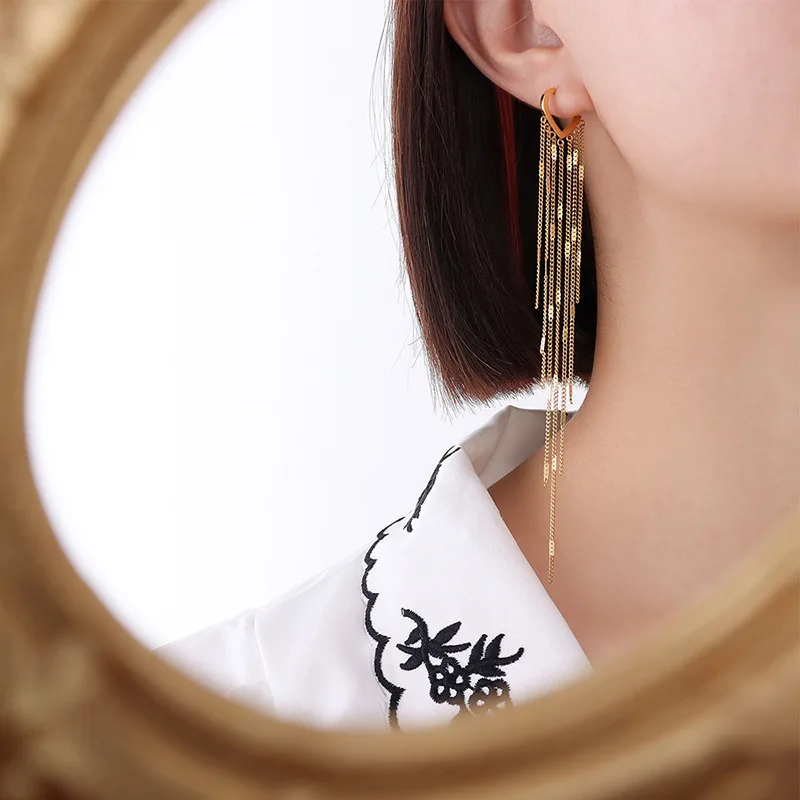 

Multi Chain Tassel Earrings 18k Gold Plated Heart Earrings Stainless Steel Dangle Earring Statement Post Earring for Women