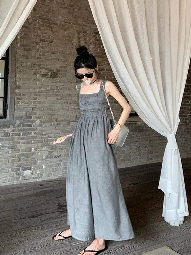 Suspender Jumpsuit 2023 Summer Lmitation High Waist Elastic Ruffles Wide Leg Pants Full Length Jumpsui