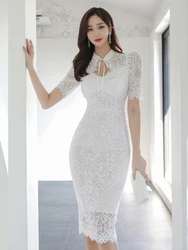 New Street Clothes Lace Evening Dress Women Ladies Elegant Chic Vintage Sexy Puff Sleeve Wrap Hip Midi Gown Mujer Vestido Fiesta