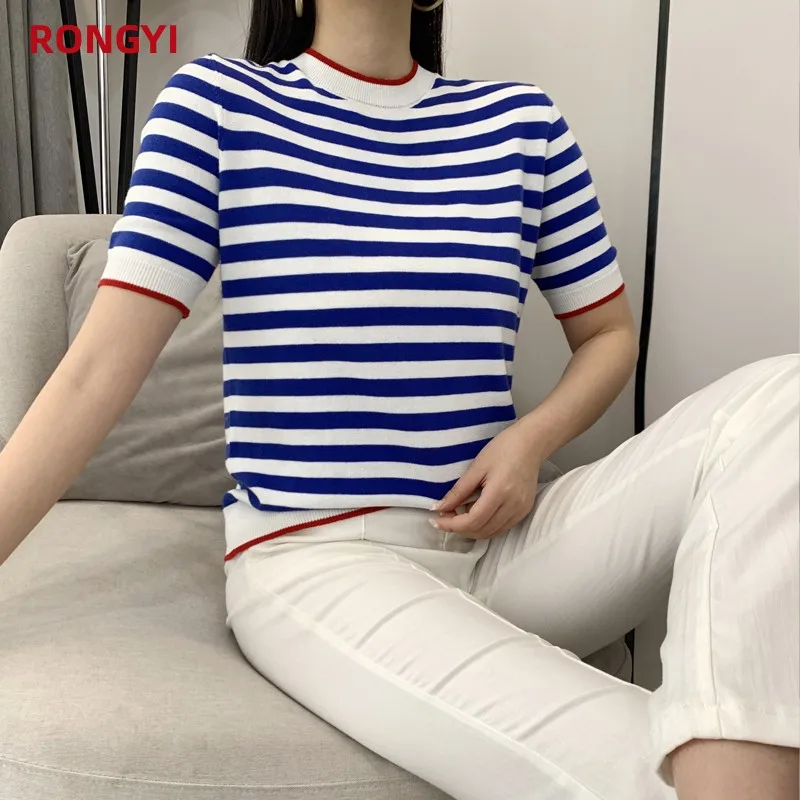 RONGYI Summer Women\'s O-Neck Striped 100% Cotton Short Sleeve T-Shirt With Loose Pullover Casual Knit Top High Quality 5 Sizes