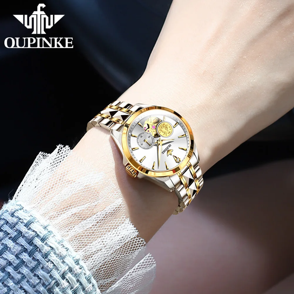 Luxury OUPINKE Real Gold Real Diamonds Automatic Women's Watch Sapphire Mirror Tungsten Steel Strap Ladies' Watches Set Gift