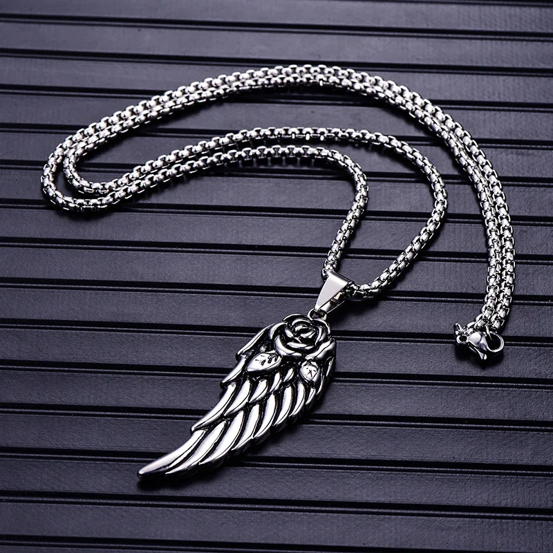 Koaem Fashion Vintage Jewelry Titanium Steel Feather Pendant Stainless Steel Cast Angel Wings Necklace image 2