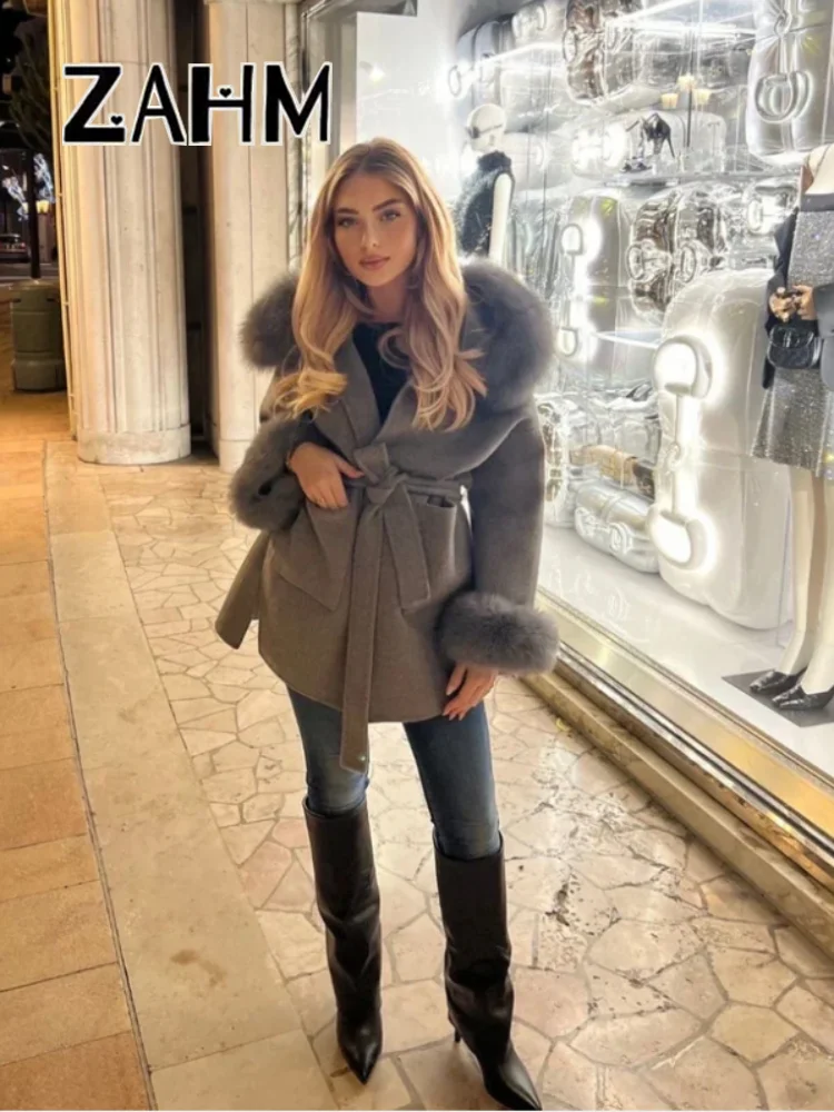 Grey Faux Fur Woolen Patchwork Women Jacket Loose Hoody Belt Pocket Female Coat 2025 Autumn Winter F