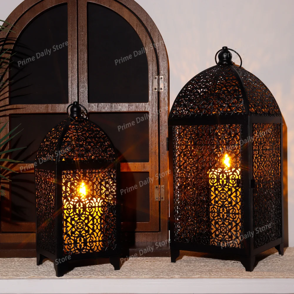 2Pcs Metal Candle Holder Black Vintage Candle Lantern Decorative Hanging Lantern with Hollow Pattern for Party Garden Home Decor