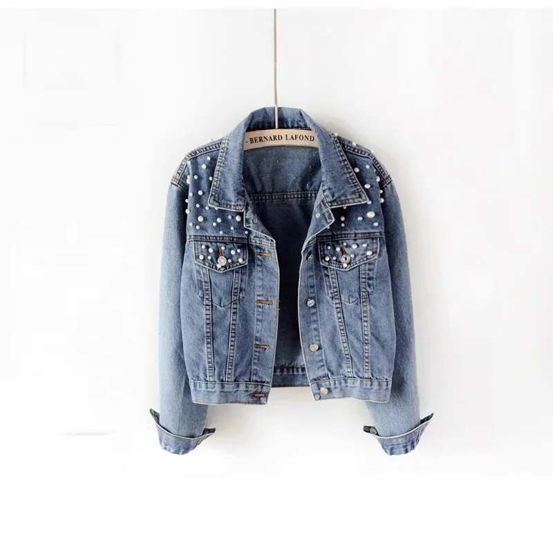 Denim Jacket Women's Spring and Autumn New Lapels Long Sleeves Loose Single Breasted Coat Light Blue/ Black Pearl Women Jacket