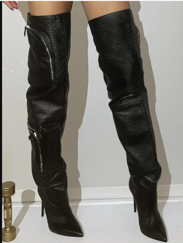 

Cargo Over The Knee Boots Pointed Toe Stiletto Heels Slouchy Loose Shaft Side Over-Sized Pockets All Season Sexy Cool Girl Shoes