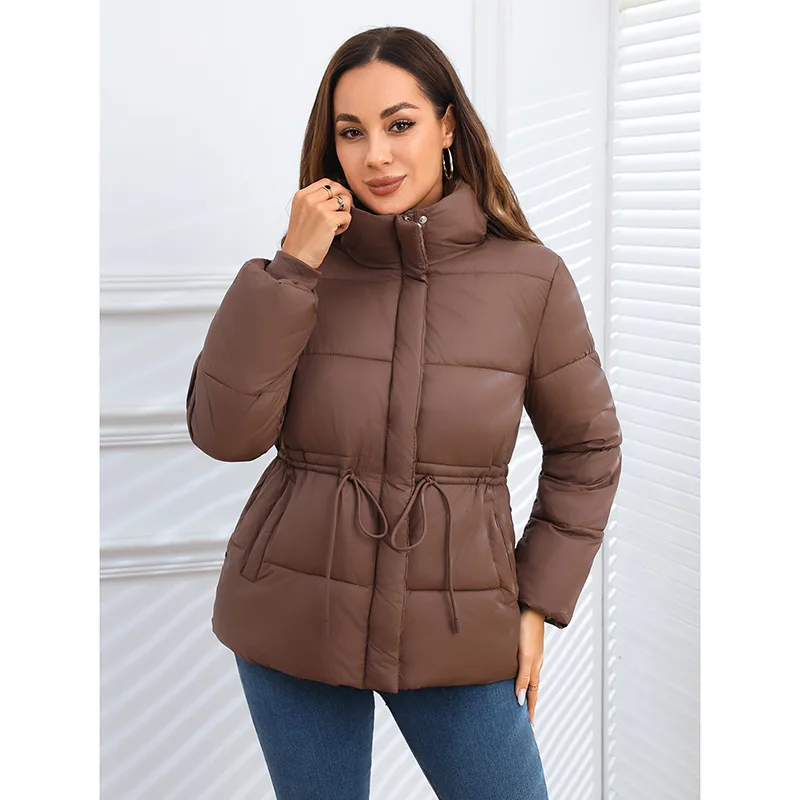 Women in Large-sized European and American Style Hooded Waist-cinched Drawstring Cotton-padded Jackets Autumn and Winter Outcoat