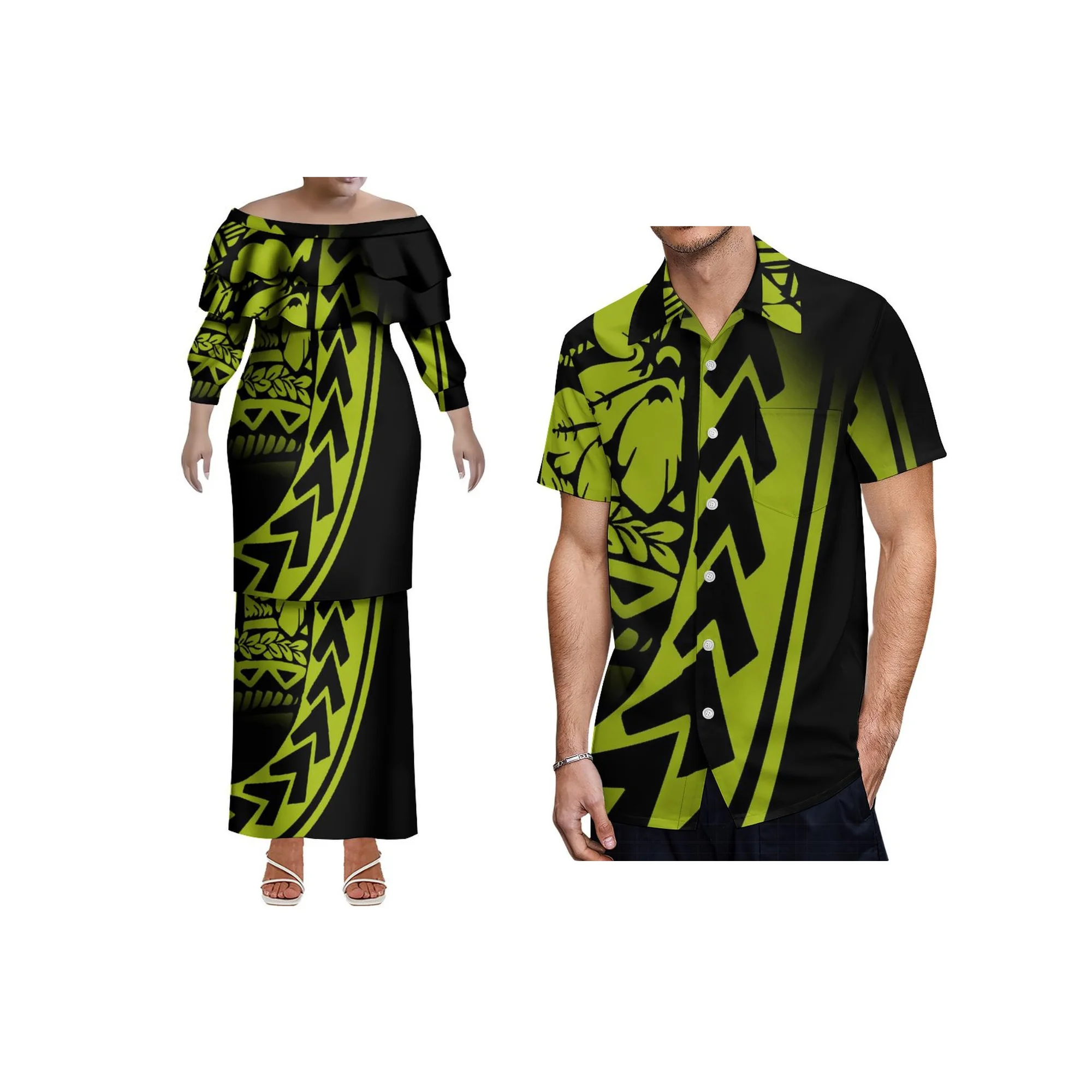 Tax Included Polyensian Tribal Print Custom Lady Plus Size Long Sleeve Prom Dress Samoa Puletasi Dress 2pcs