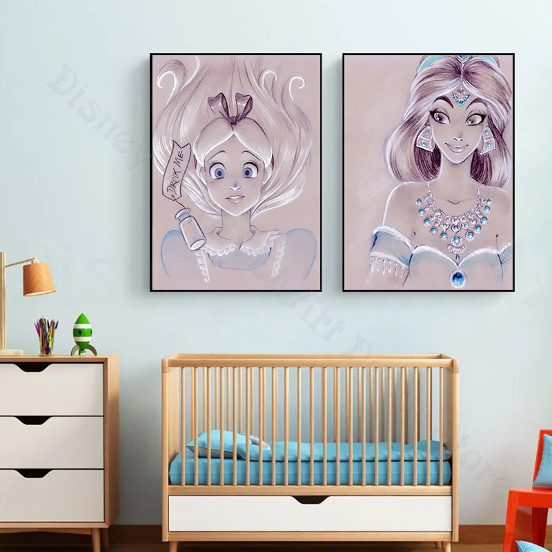 Watercolor Disney Princess Canvas Painting Wall Art Frozen Elsa Anna Posters and Prints Pictures for Kid's Room Home Decoration