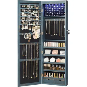 6 LED mirrored jewelry cabinet, 47.2 inches high, 2 drawers, 3.9 x 14.6 x 47.2 inches, countryside blue