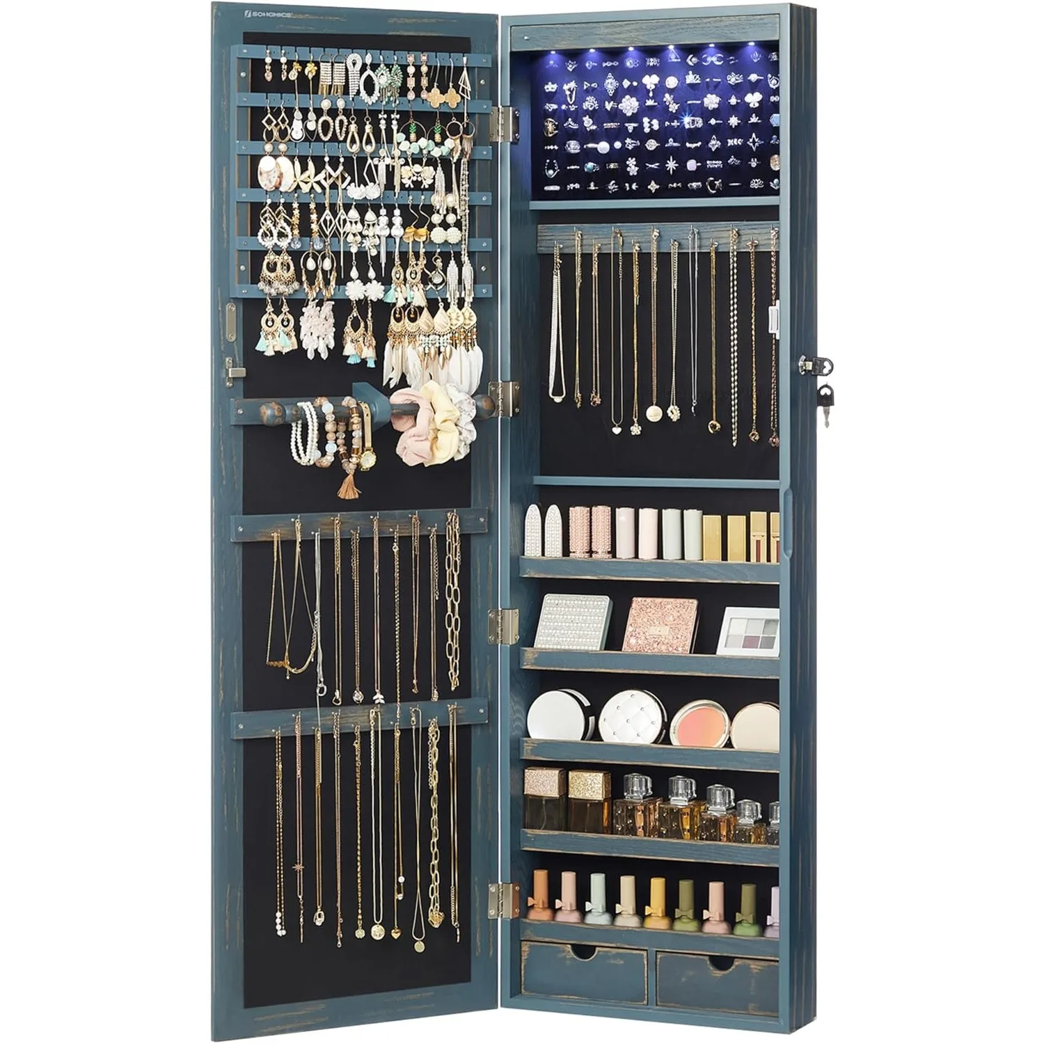 6 LED mirrored jewelry cabinet, 47.2 inches high, 2 drawers, 3.9 x 14.6 x 47.2 inches, countryside blue