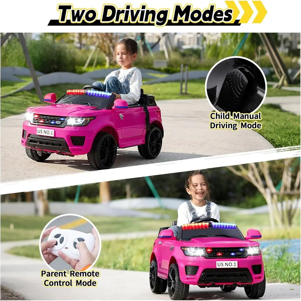 รถยนต์ไฟฟ้าสำหรับเด็ก ขับเคลื่อนด้วยรีโมทคอนโทรล รถตำรวจ 4 ล้อ แบตเตอรี่ 12V รถตำรวจสำหรับเด็กเล็ก สีชมพู
