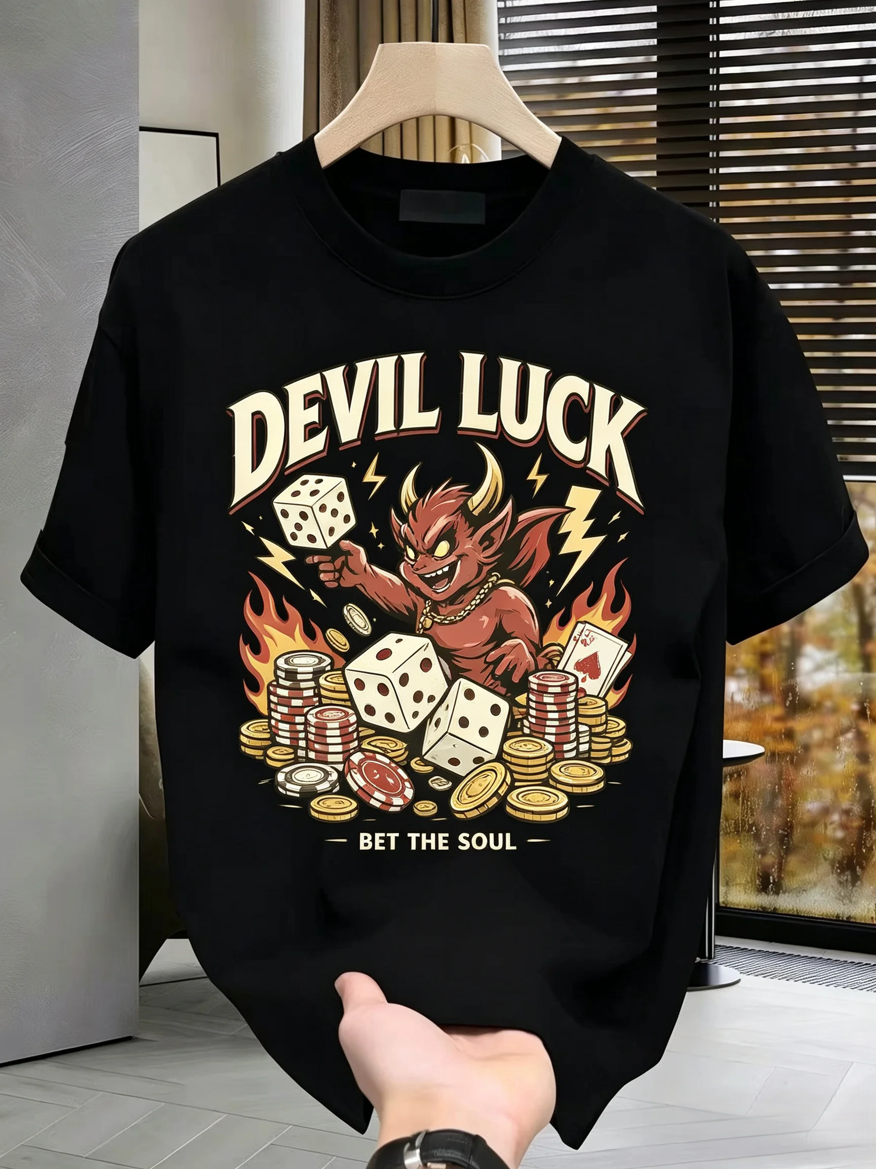 Unisex DEVIL LUCK Devil Dice Poker Chips Gold Coins Graphic T Shirt Men Women Retro Gambling Gothic Streetwear Short Sleeve Black Casual Tee