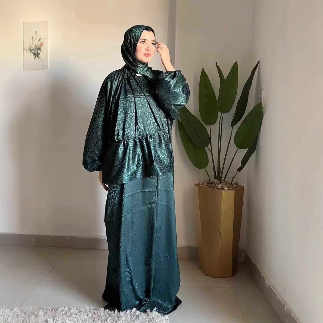 

Satin Modest Abaya Muslim Woman Dubai Dresses With Headscarf Puff Sleeve Kaftan Casual Clothing Islam Dubai Prayer Robe Vestidos