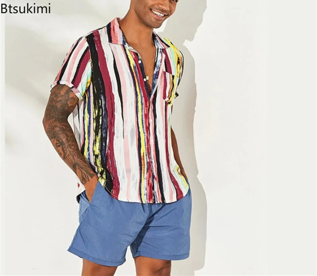 Summer Men\'s Short Sleeve Cotton Shirts Street Style Men Casual Holiday Tops Trend Striped Print Loose Beach Shirts Male Blouses